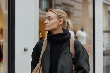 Poster - A woman wearing a black coat and a brown bag is standing in front of a store window. She looks like she is waiting for someone or just finished shopping