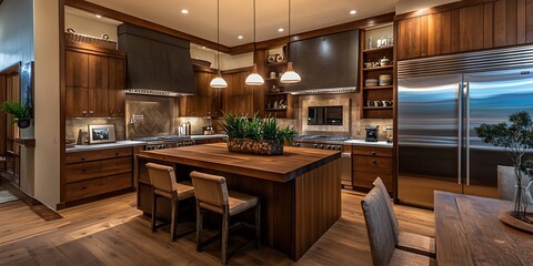 Wall Mural - Modern dark brown kitchen with wood paneling stylish design elegant interior contemporary view