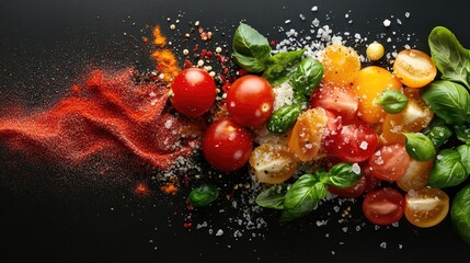 Wall Mural - Fresh tomatoes and basil with spices on black surface. Generative AI