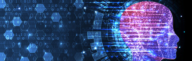 Poster - Artificial Intelligence. Technical background with a silhouette of a man. Big data concept. Machine cyber mind.