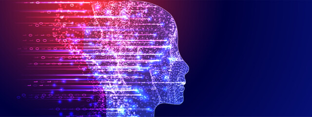Poster - Artificial Intelligence. Technical background with a silhouette of a man. Big data concept. Machine cyber mind.
