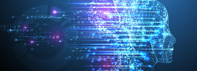 Poster - Artificial Intelligence. Technical background with a silhouette of a man. Big data concept. Machine cyber mind.