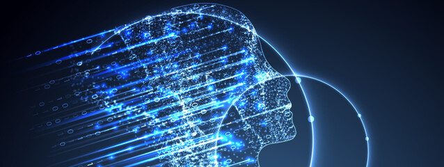 Poster - Artificial Intelligence. Technical background with a silhouette of a man. Big data concept. Machine cyber mind.