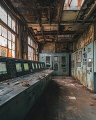  A serene shot of an industrial control room in a power plant, filled with monitors and buttons