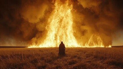 Wall Mural - Cinematic Scene of Man in Dark Field with Burning Head, Surrounded by Smoke and Haze