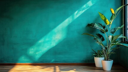 Wall Mural - Bright Green Wall with Sunlight and Indoor Plant in Minimalist Room