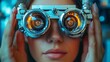 ©  Jagat_Aji - Woman undergoing eye exam, futuristic device, clinic background, healthcare.