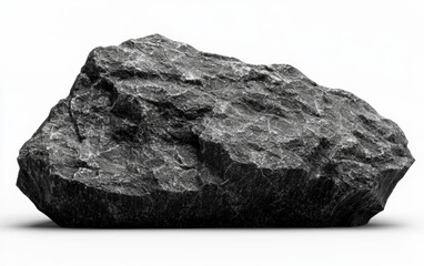 A rough basalt rock with deep black color and porous texture centered on a clean white background