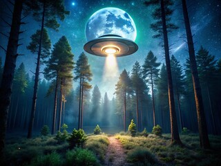 Wall Mural - Mysterious Night Forest UFO Sighting:  Ethereal Alien Craft Hovers Over Enchanting Woodland