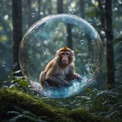 Wall Mural - A monkey floating in a magical bubble, with a dreamlike forest below.