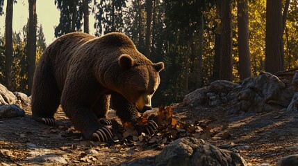 Wall Mural - Bear Foraging in a Sunlit Forest Clearing Amidst Lush Greenery and Wildflowers