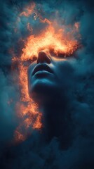 Wall Mural - Cinematic Scene of Man in Dark Field with Burning Head, Surrounded by Smoke and Haze