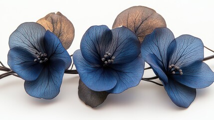 Wall Mural - Three dark blue artificial flowers with brown leaves on a white background.