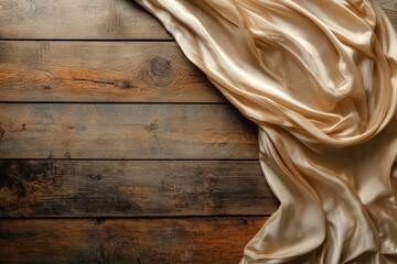 Sticker - Golden Silk Draped on Rustic Wooden Surface