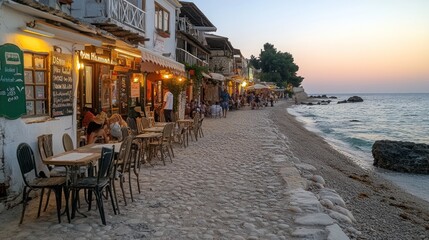 Canvas Print - Sunset seaside cafe scene with diners.