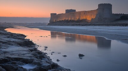 Canvas Print - Sunset view of a medieval castle reflected in calm water.