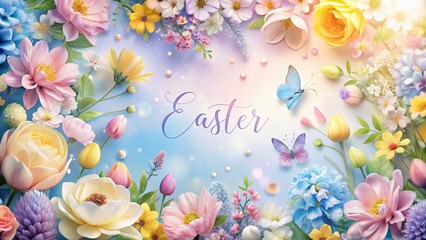 Wall Mural - Pastel Easter Floral Panoramic Background with Space for Text Overlay