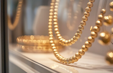 Elegant display of golden jewelry in a showcase observed during a shopping outing at a local boutique