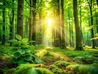 Wall Mural - Enchanting Green Forest Background: Lush Foliage, Deep Depth of Field Stock Photo