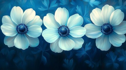 Wall Mural - White flowers, blue background.