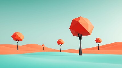 Wall Mural - A vibrant, low-poly landscape featuring orange trees and a calm blue water body under a clear sky.