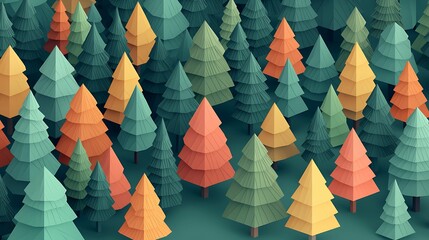 Wall Mural - A vibrant, stylized forest scene featuring colorful, geometric trees in various shades and shapes, creating a whimsical, abstract landscape.