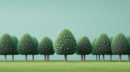 Wall Mural - Lush green trees lined in a row against a soft blue background, creating a serene and tranquil landscape.