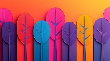 Poster - A vibrant arrangement of stylized paper trees in various colors, set against a warm, gradient background, creating a playful and artistic atmosphere.