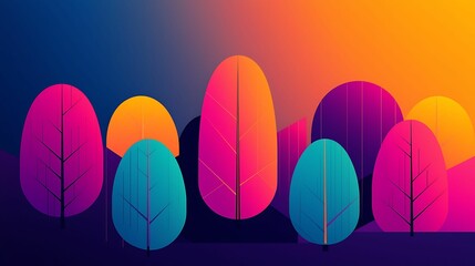 Wall Mural - A vibrant, stylized illustration of colorful trees against a gradient sunset background, showcasing a blend of purple, blue, and yellow hues.