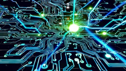 Leinwandbilder - Exploration of intricate circuit board designs with glowing lights and vibrant connections