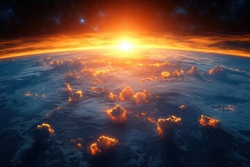 Wall Mural - Sunrise over Earth with vibrant colors illuminating the clouds and atmosphere from space