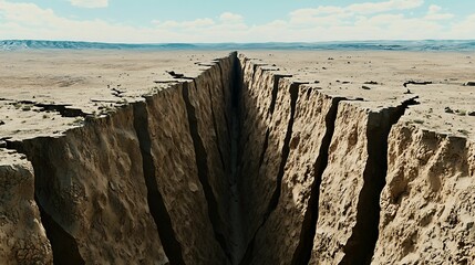 Wall Mural - a vast chasm stretches across a barren landscape, showcasing deep cracks in the earth under a clear 