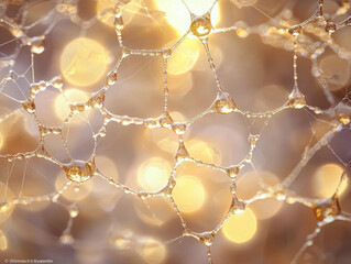 Canvas Print - Delicate water droplets form intricate patterns on web, creating mesmerizing golden glow