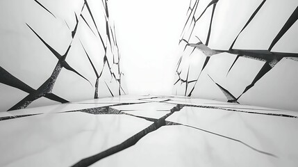Wall Mural - a stark, abstract scene featuring cracked surfaces leading into a bright, empty space, evoking a sen