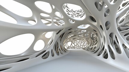 Wall Mural - a futuristic, organic interior space featuring intricate, white structures with fluid shapes and ope