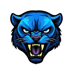 Wall Mural - Roaring Blue Panther Head, fierce digital art, white background, mascot design