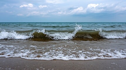 Wall Mural - a serene beach scene featuring gentle waves lapping against the shore under a cloudy sky.
