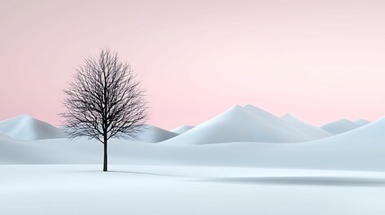 Wall Mural - a solitary tree stands amidst a serene, snow-covered landscape under a soft pink sky, evoking tranqu