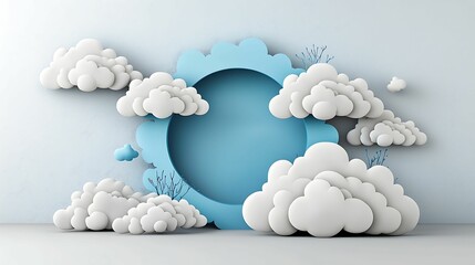 Sticker - A playful 3D scene featuring fluffy clouds surrounding a circular blue cutout against a light background, creating a whimsical atmosphere.