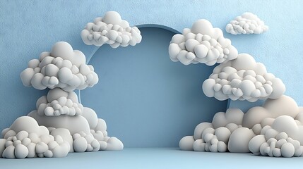 Wall Mural - A whimsical, three-dimensional scene featuring fluffy white clouds against a soft blue background, creating an inviting and serene atmosphere.