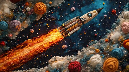 Wall Mural - Intricate embroidery depicts a powerful rocket flying through the vast expanse of space