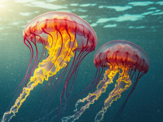 Wall Mural - Stunning jellyfish swimming gracefully in clear blue water