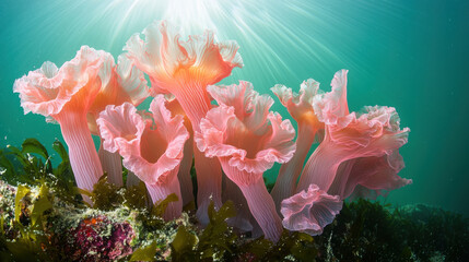 Wall Mural - Elegant pink hydrozoan colony glowing underwater with vibrant seaweed