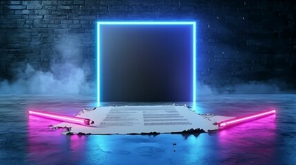 Wall Mural - a futuristic scene featuring a glowing rectangular frame and neon lights, set against a dark, smoky 