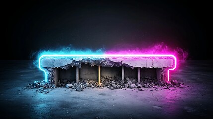 Wall Mural - a cracked concrete surface with glowing neon blue and pink lights emanating from it, creating a stri