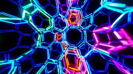 Fototapete - Exploration of vibrant neon tunnel with dynamic patterns and lights