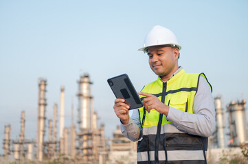 Asian male engineer wearing a safety uniform stands in front of an oil refinery with a tablet device monitoring the work in the background of the oil refinery. Petrochemical Gas Industrial Zone