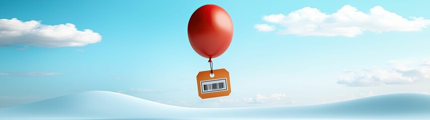 Wall Mural - A red balloon floats in a clear sky, tethered to a small, whimsical tag, evoking a sense of adventure and lightheartedness.