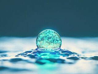 Wall Mural - close up of water droplet reflecting light on serene surface, showcasing intricate details and vibrant colors