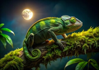 green chameleon on branch at night - vivid nighttime reptile photography